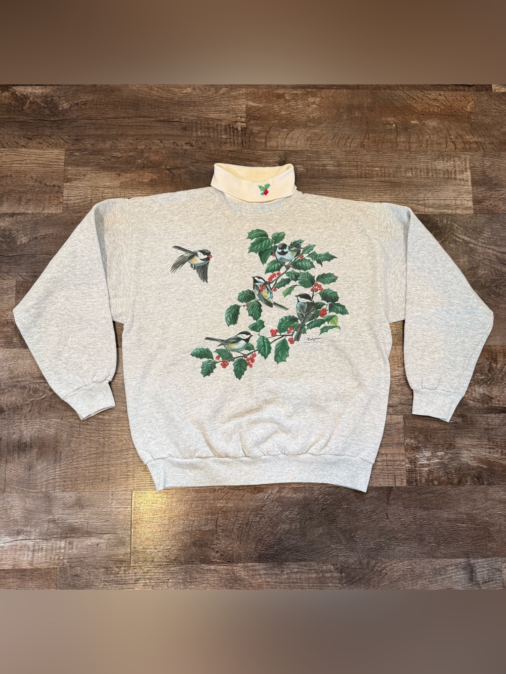 Tultex Vintage Christmas Holly Birds Crewneck Attached Turtleneck XL Grandmacore
